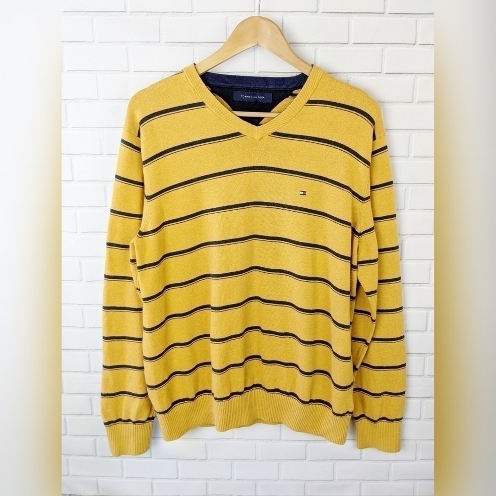 Tommy Hilfiger Yellow Blue V neck Striped‎ Sweater Men's Medium